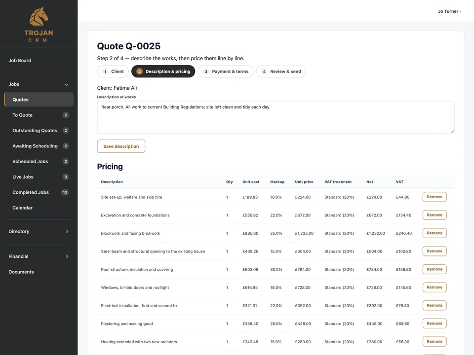Quote pricing step: description of works and priced lines with VAT