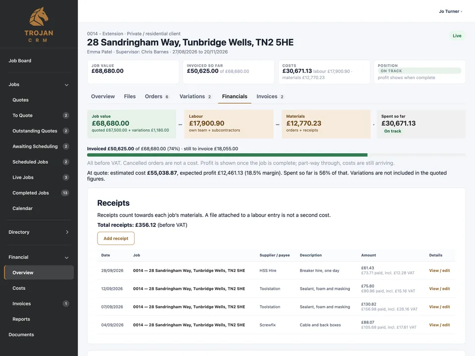 Job financials: value minus labour minus materials, invoiced bar, receipts and labour