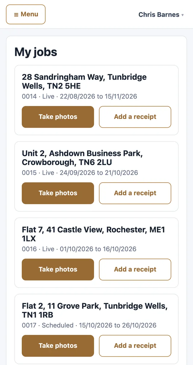 Phone: My jobs, each with Take photos and Add a receipt